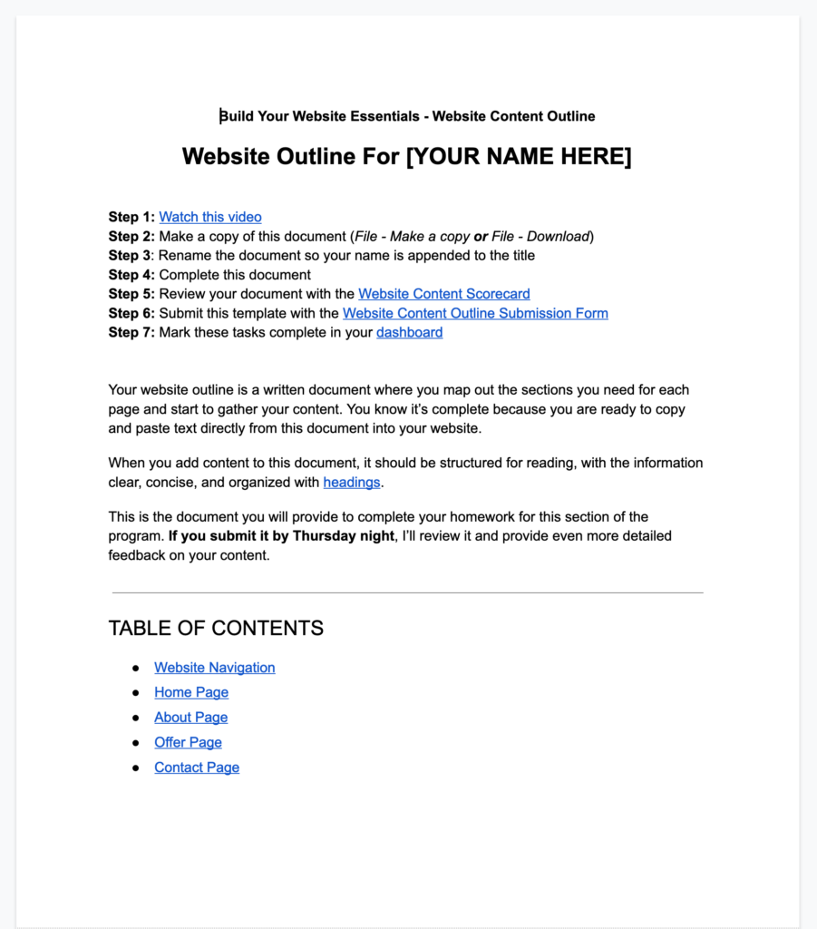 Cover page of the content outline document that comes with this site.